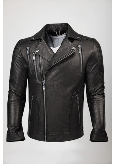 Derije Lucas Hakiki Jumbo Deri Erkek Siyah Biker Motorcu Tarzı Ceket-mont Siyah