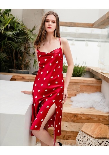Sones Yaz Aşk-kalp Desenli Gecelik Taklit İpek Uzun Askılı Elbise Bayanlar İçin Kırmızı