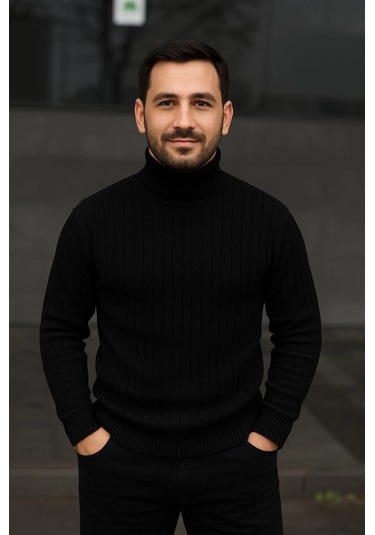 Erkek Balıkcı Yaka Bağazlı Triko Kazak Pamuklu Kalın Fitilli Dokuma, Regular Fit Uzun Kollu Kışlık Model - Siyah Siyah