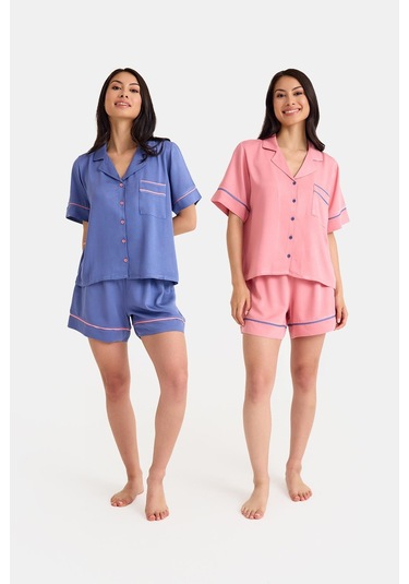 Dream Mavi/pembe Kısa Kollu Şortlu Önden Düğmeli 4 Parça Pijama Takım Set Mavi/pembe