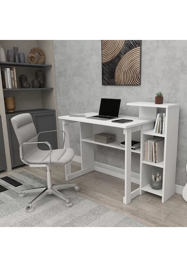 Reyo Home Enda Saye 5 Raflı Kitaplıklı Çalışma Masası Beyaz