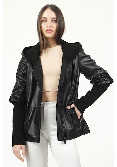 Dericlub Larissa Kadın Kapüşonlu Hakiki Deri Kaban Siyah Siyah
