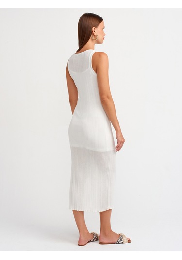Dilvin Yırtmaç Detaylı İnce Triko Elbise Ekru