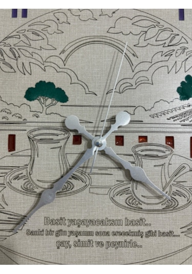 Ahşap Desen Duvar Saati - Çay, Simit Ve Peynir - Epoksi Reçine Kaplamalı - 40 Cm Ahşap