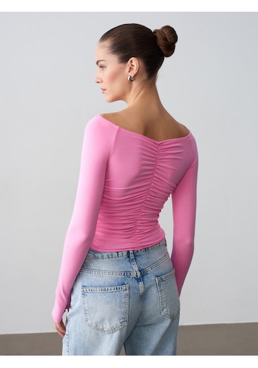 Dilvin 32089 Omuzları Açık Büzgülü Top-pembe