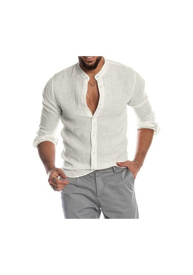 Beyaz Erkek Pamuklu Keten Uzun Kollu Henley Gömlek Rahat Bol Düğmeli Üstler Tişört Beyaz