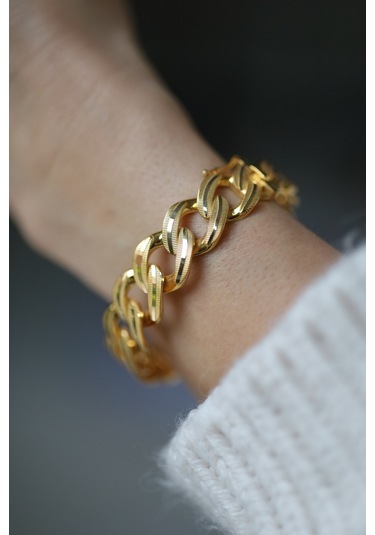 14 Ayar Altın Kalın Cimarlı Kalemli Gurmet Kelepçe Klp24353 Sarı Altın