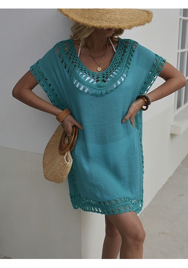 Düz Renk Tığ İşi V Yaka Ultra Rahat Kesim Plaj Elbisesi Mavi