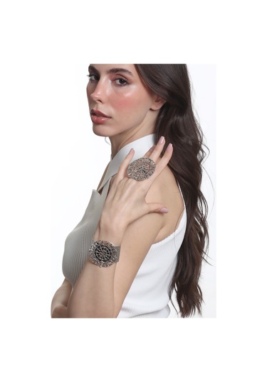 Labalaba Kadın Antik Gümüş Kaplama Ayarlanabilir Geniş Band Örümcek Ağı Figürlü Bileklik & Yüzük Set Gümüş