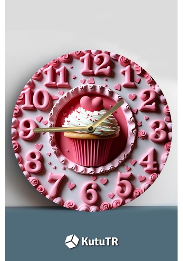 Kalpli Cupcake Temalı Mdf Duvar Saati 33 Cm, 3d Görünümlü, Sessiz Mekanizmalı, 2d Hd Baskı Sdw238 Renkli