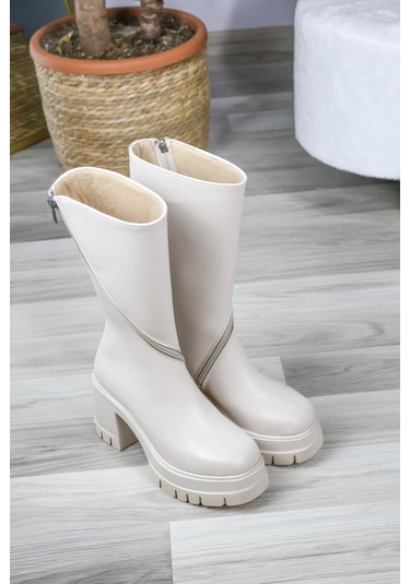 Asmi Shoes Kadın Liva Döner Fermuarlı 8 Cm Topuklu Bot Krem Krem