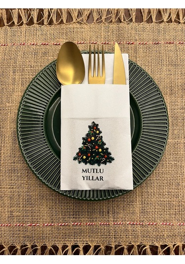 Yılbaşı Ağacı Mutlu Yıllar Baskılı Yılbaşı Kanguru Cepli Peçete Beyaz12 Adet