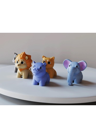 Renkli Mini Hayvan Figürleri Seti - Aslan, Kedi, Köpek, Fil, Su Aygırı Küçük Boy 5'li Paket