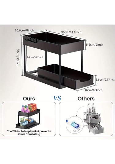 Geeroyoo Sıvıya Dayanıklı Çekmeceli Depolama Rafı, Çift Katlı Tasarım, Mutfak/banyo Kullanıma Uygun, 2 Çubukluk + 5 Kanca Hediyeli, Siyah H-tipi Siyah