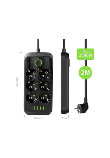 6 Soket 4 Usb 1 Pd Şarj Termal Akım Korumalı Priz 2 Metre Kablo Çoklu Priz 6 Lı Priz 2 M