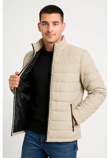 Erkek Bomber Mont Ceket Su İtici Kumaş, Kapitone Astarlı, Fermuarlı, Kışlık - Bej Bej