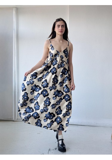 Retrobird Tasarım June Saten Yüzeyli Askılı Yırtmaçlı Elbise Kadın Krem-13780 KREm