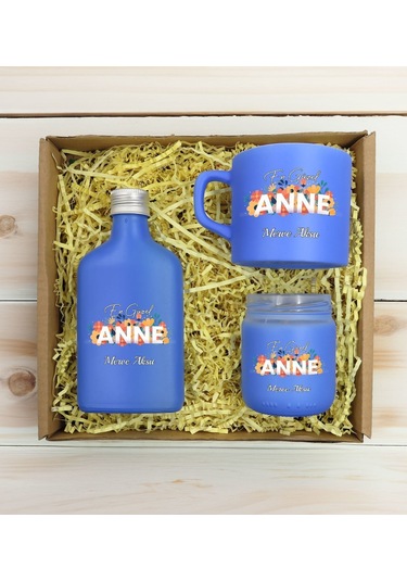 Bk Gift Kişiye Özel İsimli Dtf Anne Temalı Mavi Kahve Fincanı & Kolonya & Mum Hediye Seti-2, Anneye Hediye, Anneler Günü Hediyesi Kobitmeyencom30964 B