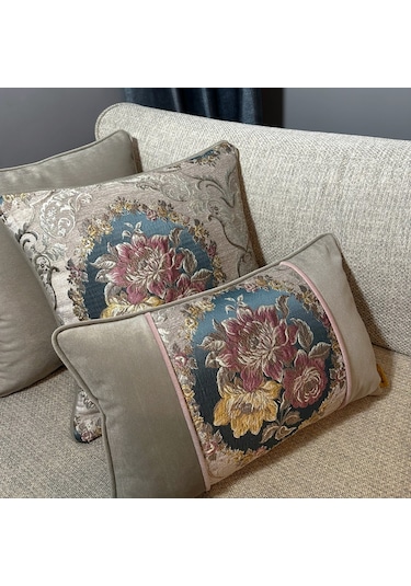 "royal" Dokulu Çiçek Desenli Kırlent - 45x45 Vizon - Mavi - Pembe