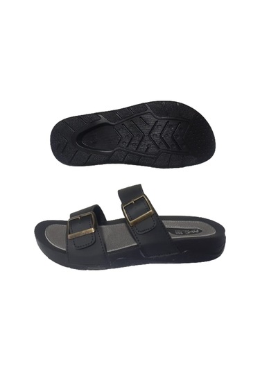 Alc Eren Erkek Siyah Çift Tokalı Ortopedik Taban Günlük Terlik Siyah