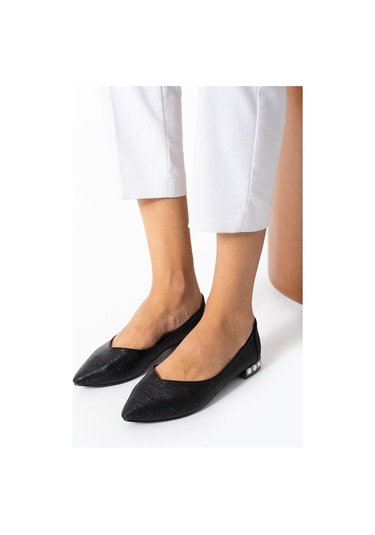 Kadın Siyah Topuk Taş Detaylı Babet Siyah Çizgili