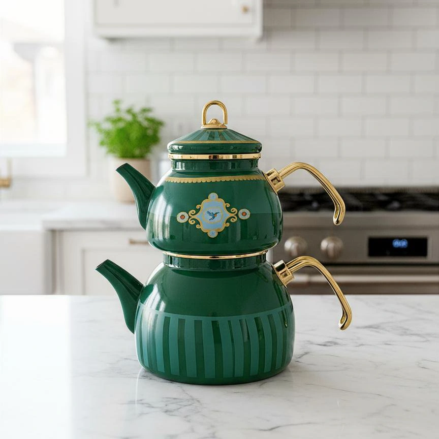 Bird Studio Yeşil Renk Emaye Çaydanlık Takımı 2 Lt. + 1 Lt. Yeşil