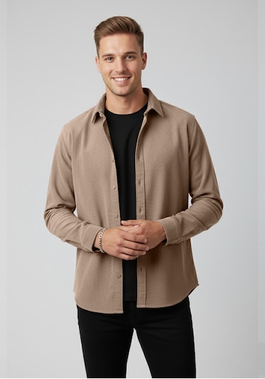 Deepsea Erkek Bej Kadife Fitilli Rahat Kesim Gömlek Yumuşak Dokulu Likralı Kadife Gömlek 2600758 Bej