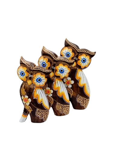 Ahşap Aborjin Üçlü Baykuş Dekoratif Biblo No.2 20 Cm