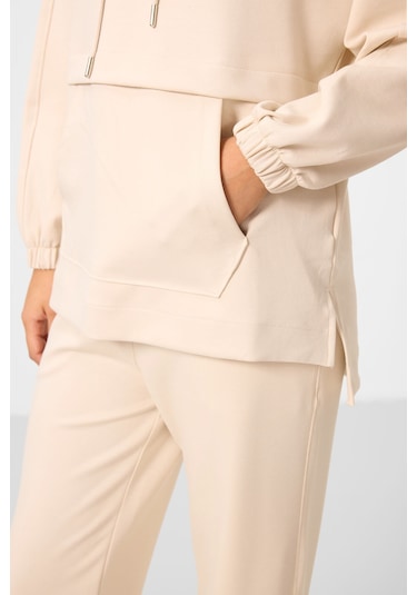 Bej Yumuşak Dokulu Kapüşonlu Oversize Kadın Eşofman Tunik Takım - 95348 Bej