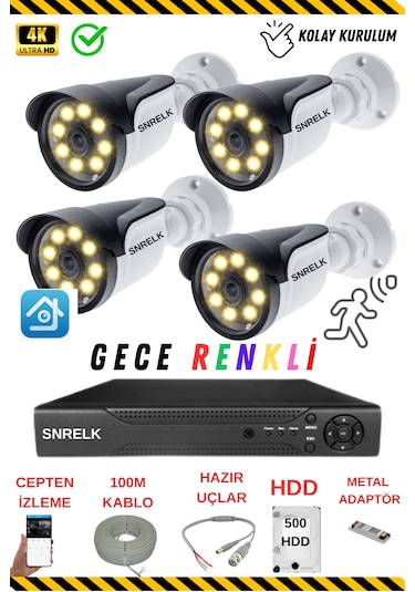 SNRELK - HAMA 4'lü 500GB 5Mp Lens Gece Renkli Su Geçirmez Güvenlik kamerası Set