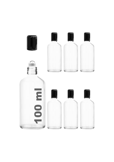 Çelik Roll On Şişesi 100 ML Sızdırmaz Siyah Kapaklı Şeffaf Cam Şişe 6 Adet
