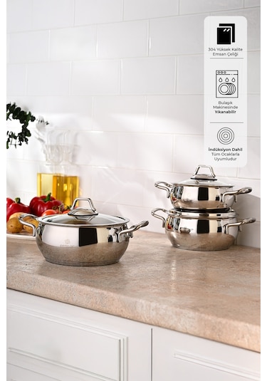 Emsan Cemre İndüksiyon Tabanlı Midi Paslanmaz Çelik Tencere Seti 6 Parça
