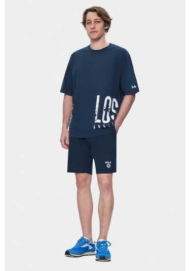 Ignıso Lacivert Bisiklet Yaka Baskılı Oversize Erkek Tshirt Lacivert