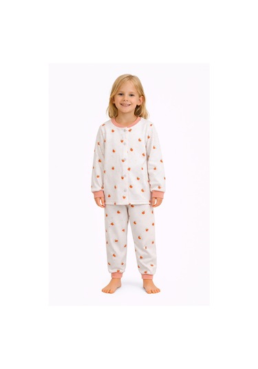 Mantar Temalı Önü Düğmeli Kız Çocuk Pijama Takımı Beyaz