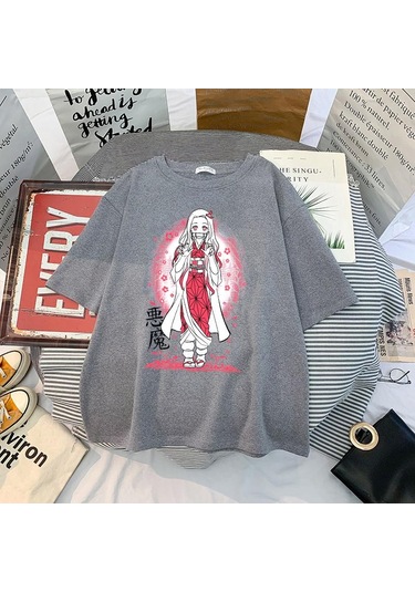 Gri Japon Animesi İblis Avcısı T Shirt Erkekler Kawaii Kimetsu Hiçbir Yaiba Grafik Tees Tanjirou Kamado Unisex Üstleri Komik Tişört Gri