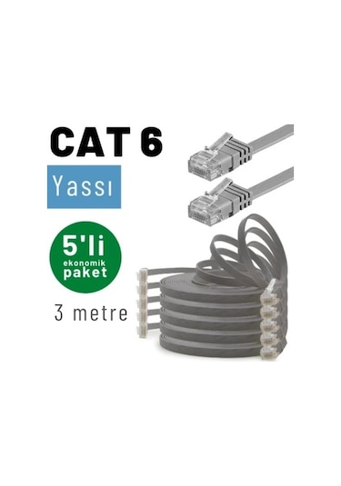 Irenıs 5 Adet 3 Metre Gri Cat6 Kablo Yassı Ethernet Network Lan Ağ İnternet Kablosu