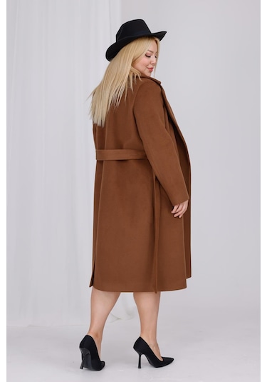 Kadın Kahve Yün Kaşe Kemer Ve Astar Detay Büyük Beden Kaban Kahverengi