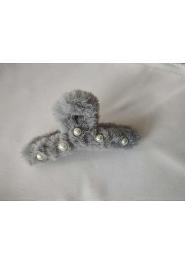 Büyük Boy İnci Peluş Mandal Toka 12 Cm Gri