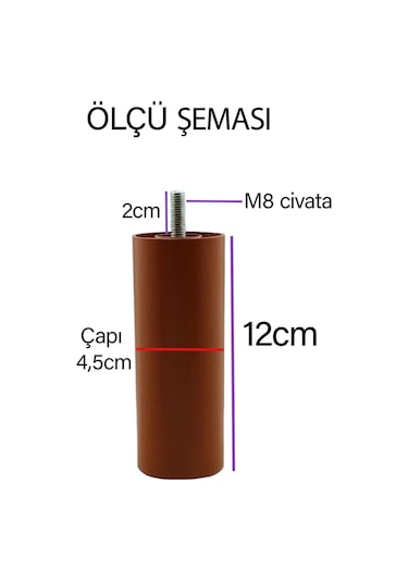 Silindir Destek Ayağı 12 Cm Kahverengi Gizli Ayak Mobilya Kanepe Baza Koltuk Dolap Sehpa Tv Ünitesi Ayağı