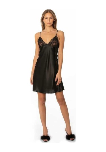 Pierre Cardin Siyah Saten Güpürlü Gecelik 624 Siyah