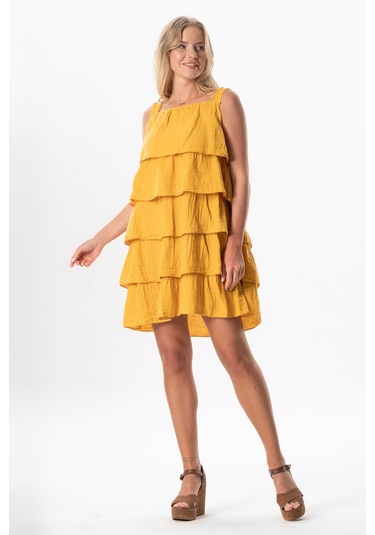 Askılı Kare Yaka Elfida Kat Kat Müslin Yazlık Kısa Elbise Hardal Hrd Hardal