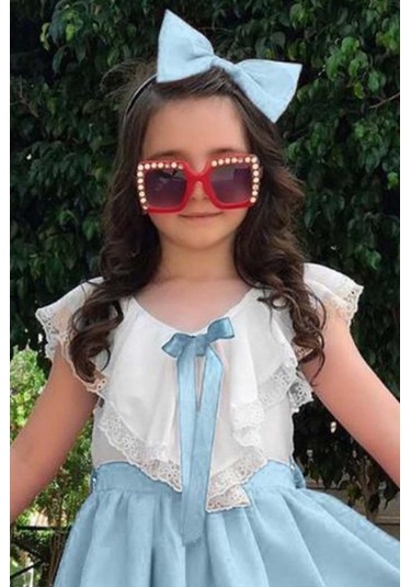 Riccotarz Kız Çocuk V Yaka Omuzları Ve Etek Ucu Dantel İşlemeli Mavi Elbise Mavi