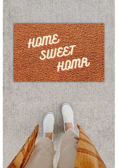 Dijital Baskı Dekoratif Home Sweet Home Kahverengi Kapı Önü Paspası K-1236