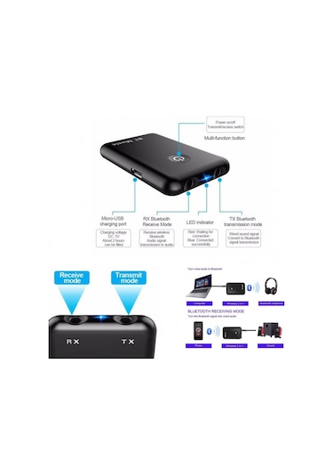 2 İn 1 Bluetooth 5.0 Verici Alıcı Kablosuz Ses Adaptörü Aux Girişli
