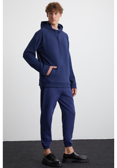 Malagos Erkek Içi Polarlı Yumuşacık 3 Iplik Içi Şardonlu Regular Kapüşonlu Lacivert Sweatshirt