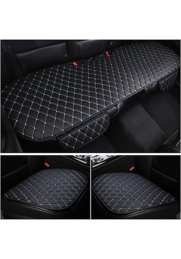 Oto Koltuk Koruyucu Cepli Üçlü Deri Minder Seti Siyah Deri Beyaz Nakışlı Ön Arka Araç Koltuk Minderi