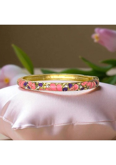 Pembe Mor Yaprak Desenli Mineli Çelik Bilezik Gold