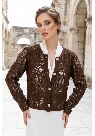 Sayzen Your Shine Dantel Desenli Gold Düğmeli Basic Ceket Shn-2602-tg Kahverengi
