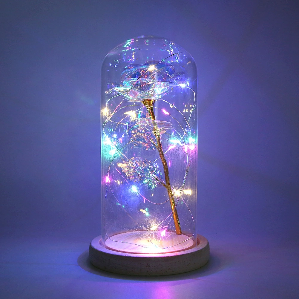 Xiyyadms Renkli Altın Folyo Güllü Cam Kapaklı Led Gece Lambası - Plastik Çiçek Ve Ahşap Tabanlı Dekoratif Masaüstü Aydınlatma Pil Dahil Değil Renkli