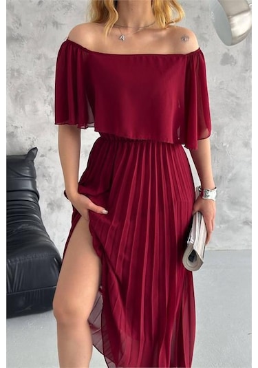 Kadın Astarlı Piliseli Şifon Elbise Dpk2099 Bordo